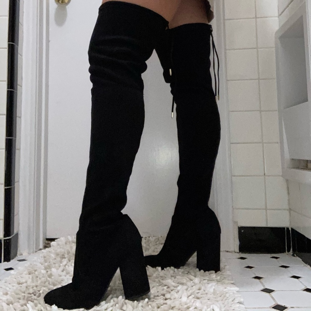 Steve Madden, thigh high, black suede boots.